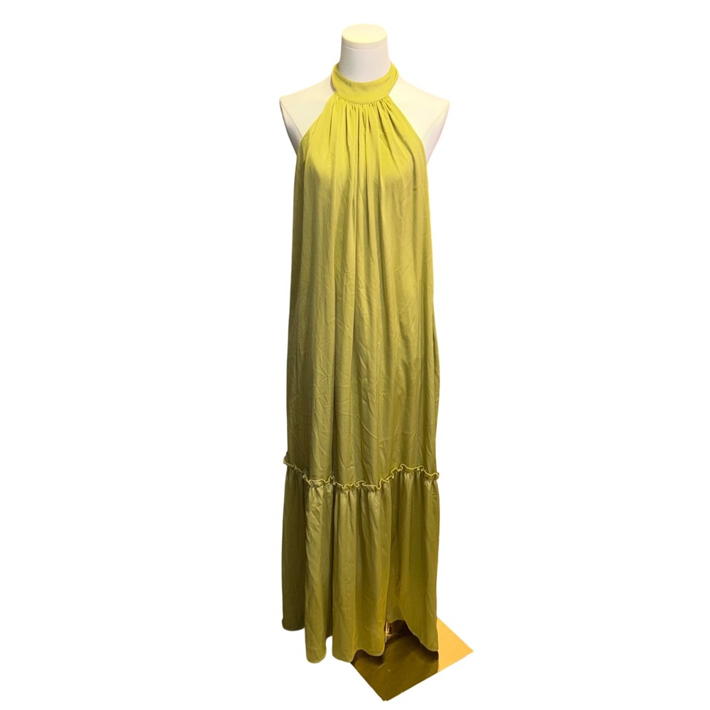 Strut & Bolt Chartreuse Green Halter Maxi Dress Tiered Jacquard‎ Womens S